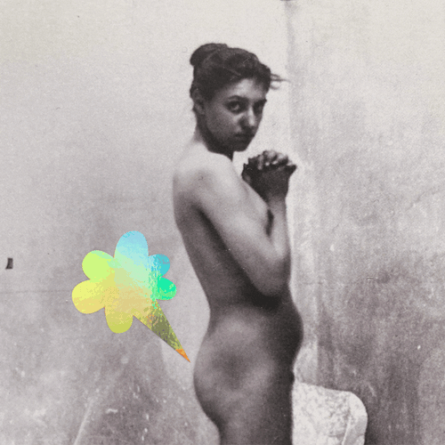 A detail of a playful poster featuring a nude female with a cartoon-style fart cloud placed next to her bum. The fart is printed in holographic foil and this animated image shows how the shiny surface shifts colour.