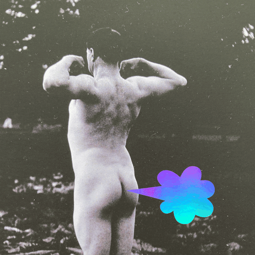 A detail of a playful poster featuring a nude male with a cartoon-style fart cloud placed next to his bum. The fart is printed in holographic foil and this animated image shows how the shiny surface shifts colour.