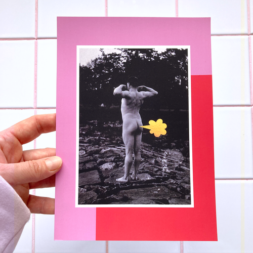 A playful poster featuring a photograph of a nude male flexing outdoors, framed by a red and pink graphic border. A cartoon-style fart cloud, printed in holographic foil, is placed next to his bum.
