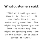 Customer quote: 'CECE will tell you what time it is. Sort of... If she feels like it, or reluctantly sometimes. She might try to ignore you and look the other way. She might be spending some time in the clouds, or be plain cuckoo at times.'