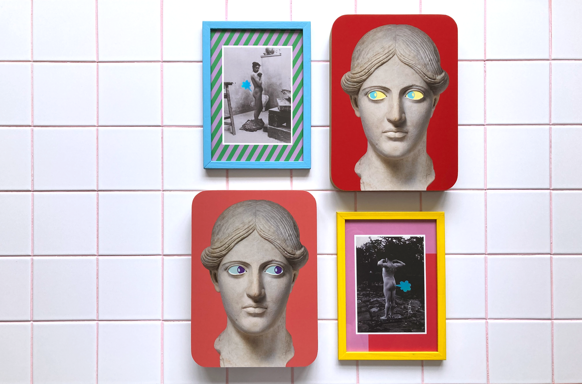 Four colourful artworks displayed on a white tiled background.