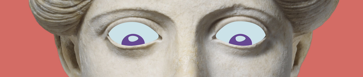 A statue head with large blue eyes and purple pupils on a pink background looking down.
