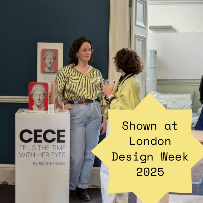 Artist Rianne Houba is talking to a visitor next to a display of her artwork CECE at Design London Shoreditch. Image text: ‘Shown at London Design Week 2025.
