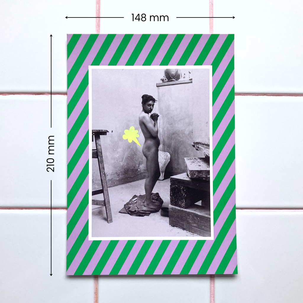A 148x210mm poster featuring a photograph of a nude female standing in an art studio framed by a green and lilac striped border. A playful cartoon-style fart cloud, printed in holographic foil, is placed next to her bum.