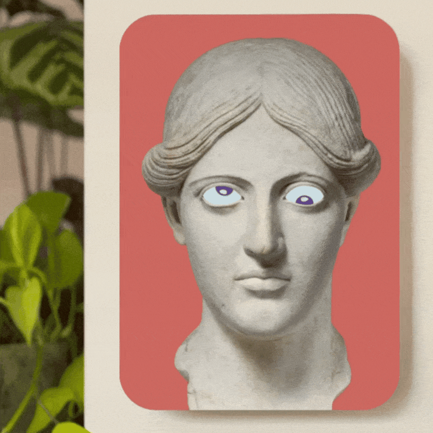 A colourful art clock made of a printed statue head on a rectangular background. The animated image flips through the four colour variations of the clock.