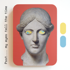 A unique art clock made of a printed statue head with yellow and blue eyes on a pink rectangular background. One eye is looking up, the other is looking down. Image text: ‘Psst... my eyes tell the time'.