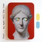 A unique art clock made of a printed statue head with yellow and blue eyes on a red rectangular background. One eye is looking up, the other is looking down. Image text: ‘Psst... my eyes tell the time'.